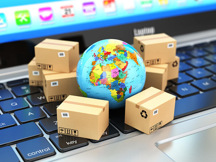 Shipping, delivery and logistic concept. Earth and cardboard box Chinese Cross-Border eCommerce